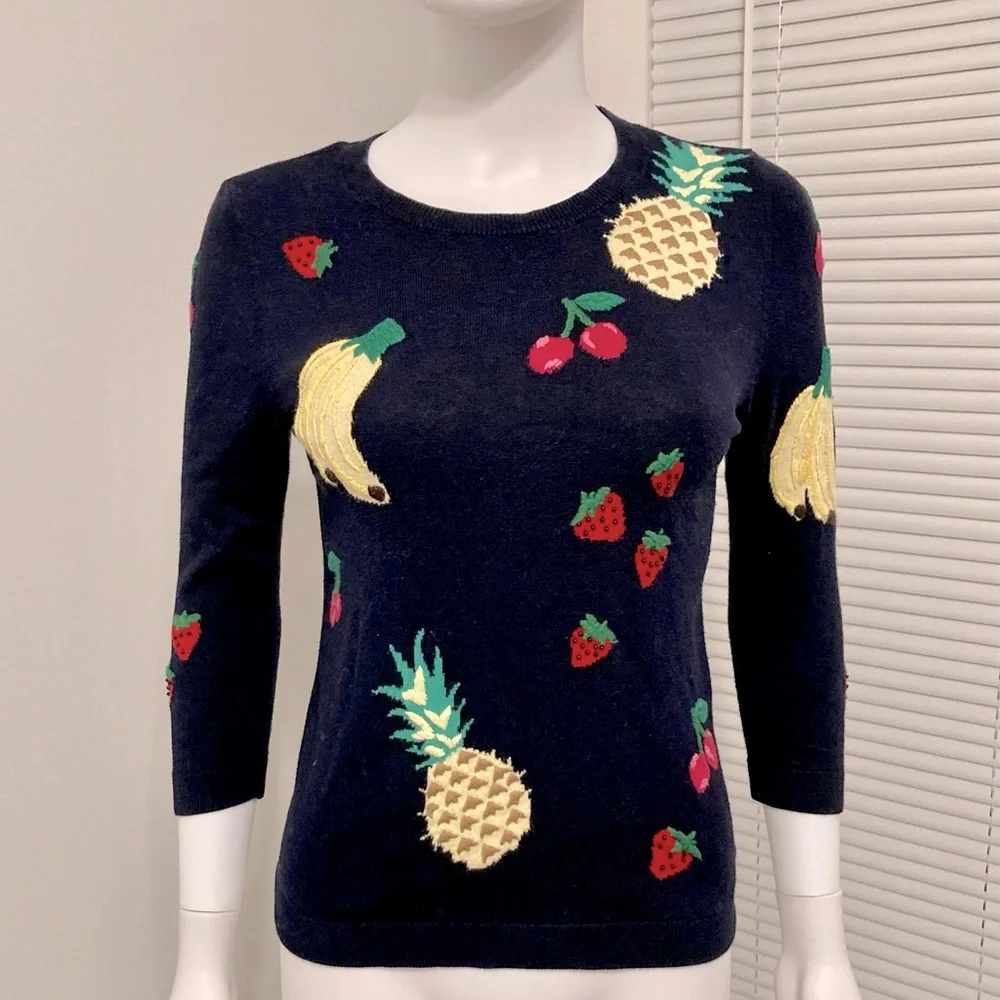 Talbots Sweater Fruit Print Embellished 3/4 Sleeves Navy Cotton Blend Size- XS - Picture 1 of 12